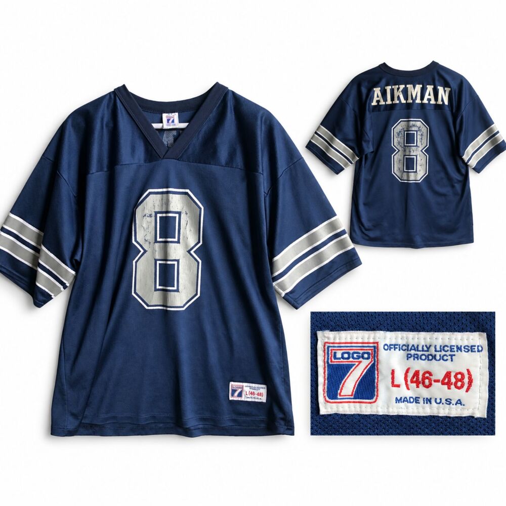 Dallas Cowboys Troy Aikman Jersey #8 Logo 7 Men's Large Blue Vintage Made in USA